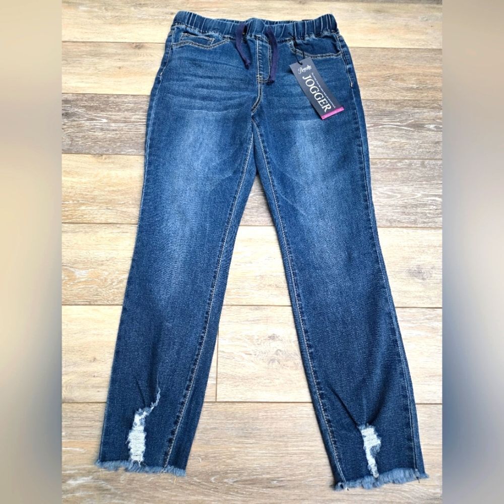 NWT Royalty Faux Jean Comfortable Jogger  elastic waist rough hem  small